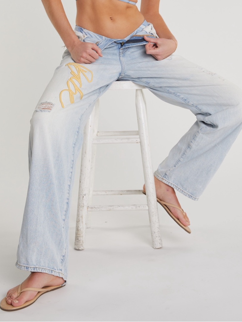 7 For All Mankind Light Blue Straight-Leg Jeans with Yellow Embroidery